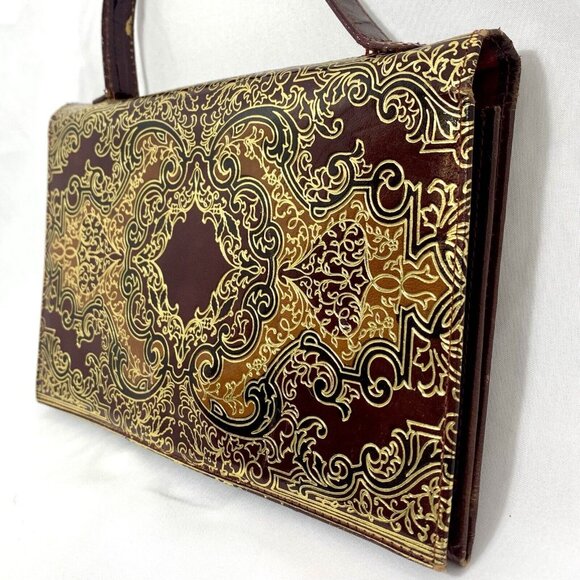 PITTI Italian Mid Century Blood Red Gilt Embossed Leather Clutch Wallet Gorgeous - Picture 3 of 16